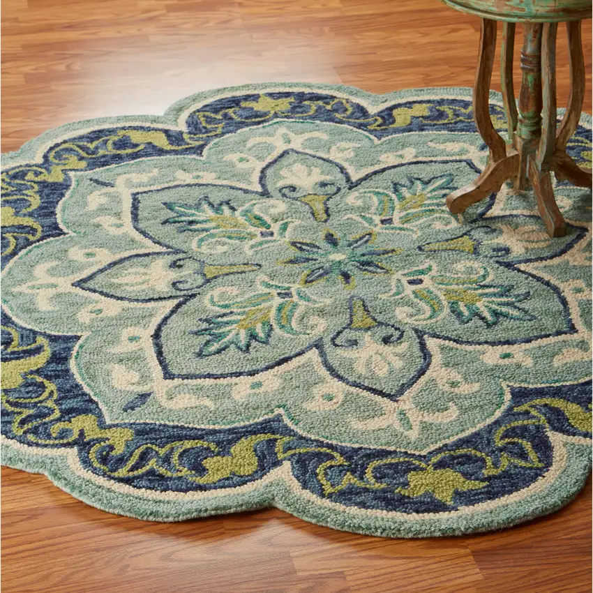 5' Teal And Green Wool Medallion Hand Tufted Round Rug Photo 5