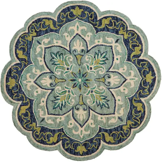 5' Teal And Green Wool Medallion Hand Tufted Round Rug Photo 2