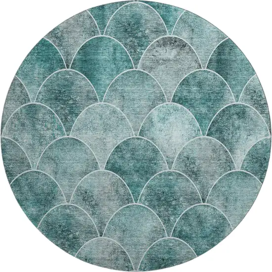 8' Teal And Ivory Abstract Geometric Washable Round Rug With UV Protection Photo 1