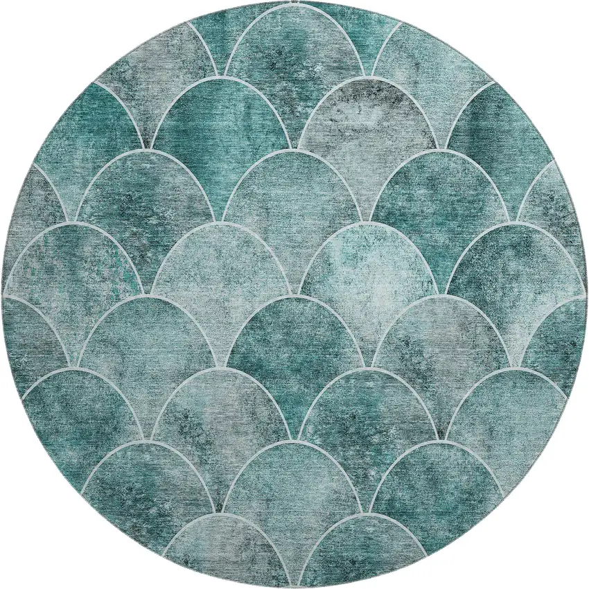 8' Teal And Ivory Abstract Geometric Washable Round Rug With UV Protection Photo 1