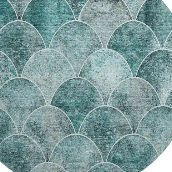 8' Teal And Ivory Abstract Geometric Washable Round Rug With UV Protection Photo 4