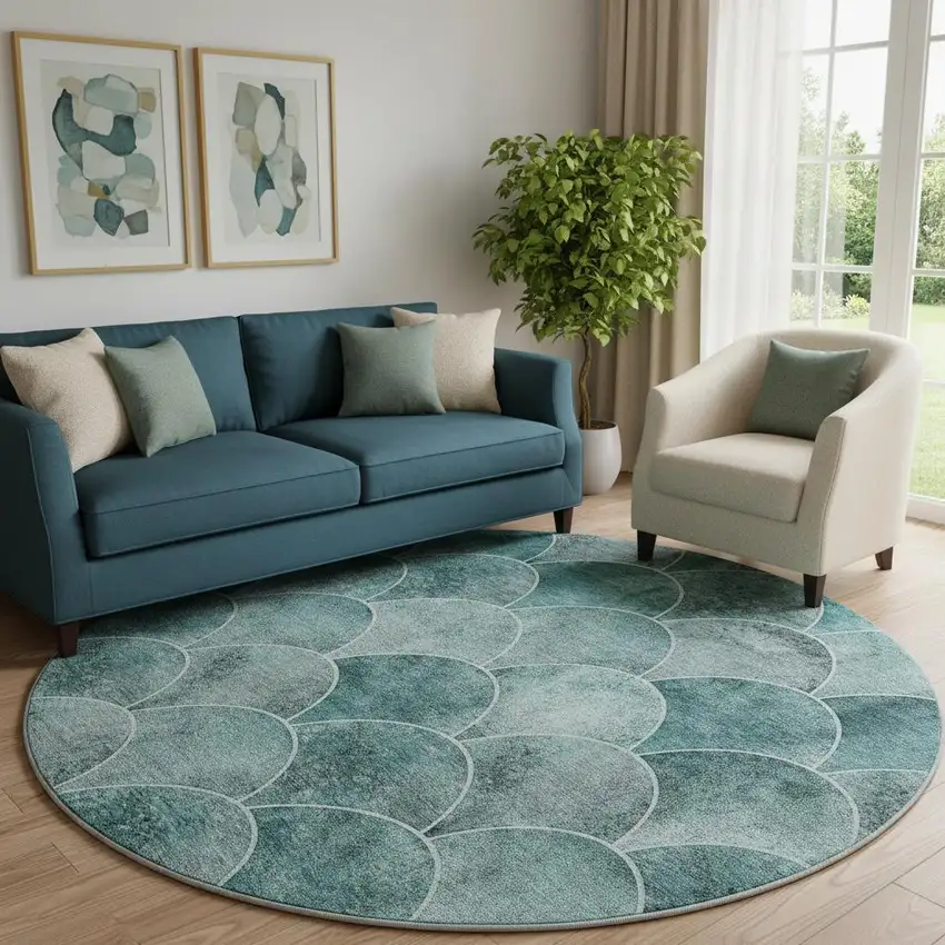 8' Teal And Ivory Abstract Geometric Washable Round Rug With UV Protection Photo 1