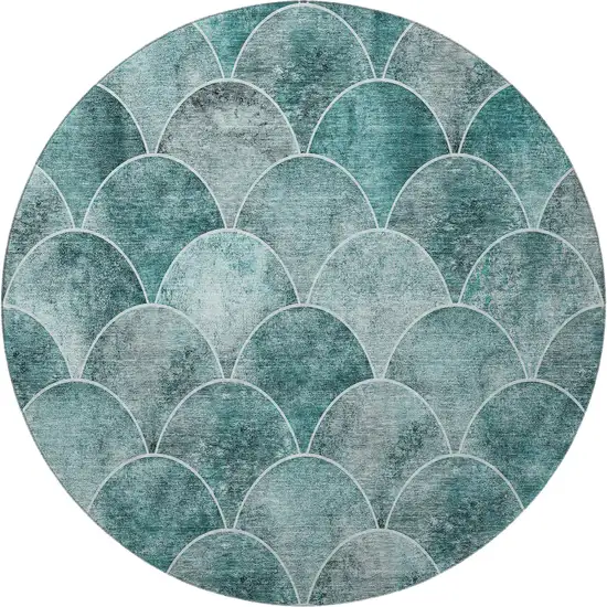 8' Teal And Ivory Abstract Geometric Washable Round Rug With UV Protection Photo 3