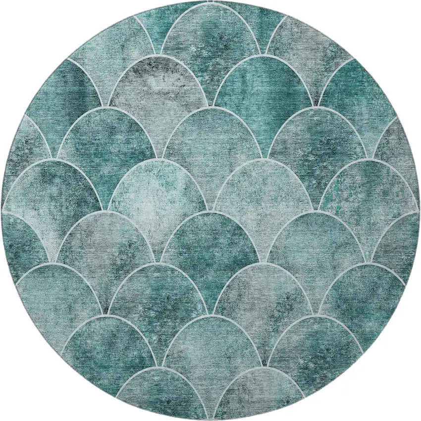 8' Teal And Ivory Abstract Geometric Washable Round Rug With UV Protection Photo 3