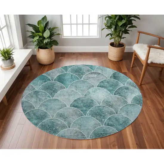 8' Teal And Ivory Abstract Geometric Washable Round Rug With UV Protection Photo 2