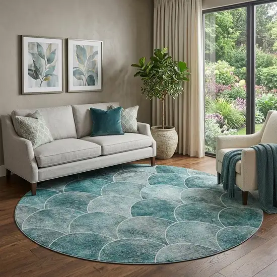 8' Teal And Ivory Abstract Geometric Washable Round Rug With UV Protection Photo 1