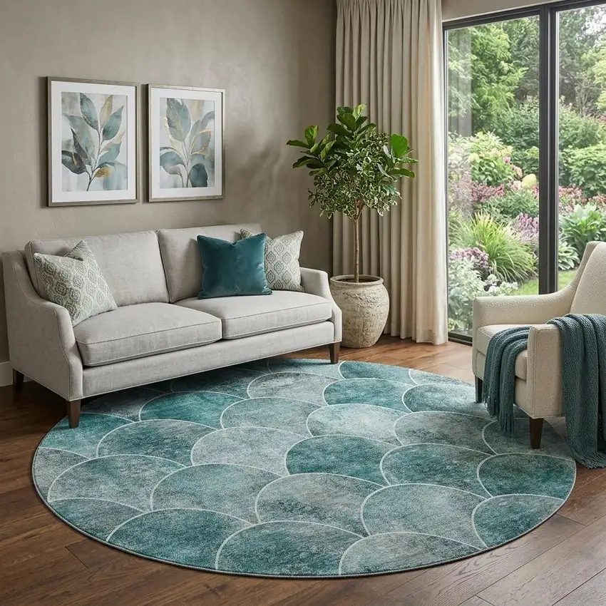 8' Teal And Ivory Abstract Geometric Washable Round Rug With UV Protection Photo 1