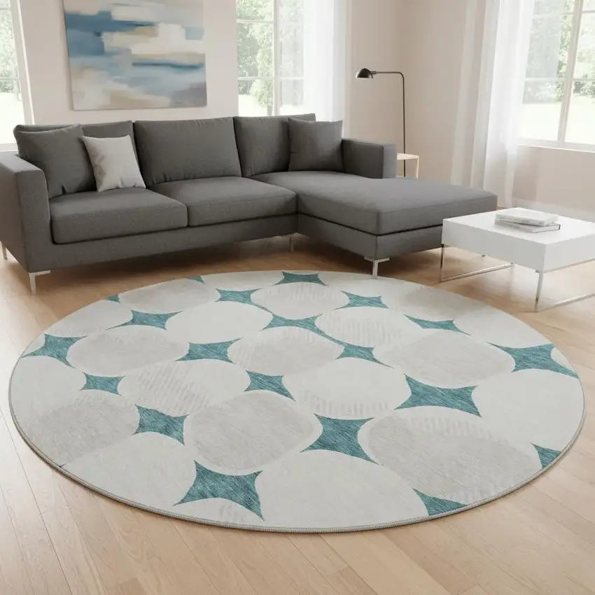 8' Teal And Ivory Abstract Geometric Washable Round Rug With UV Protection Photo 2