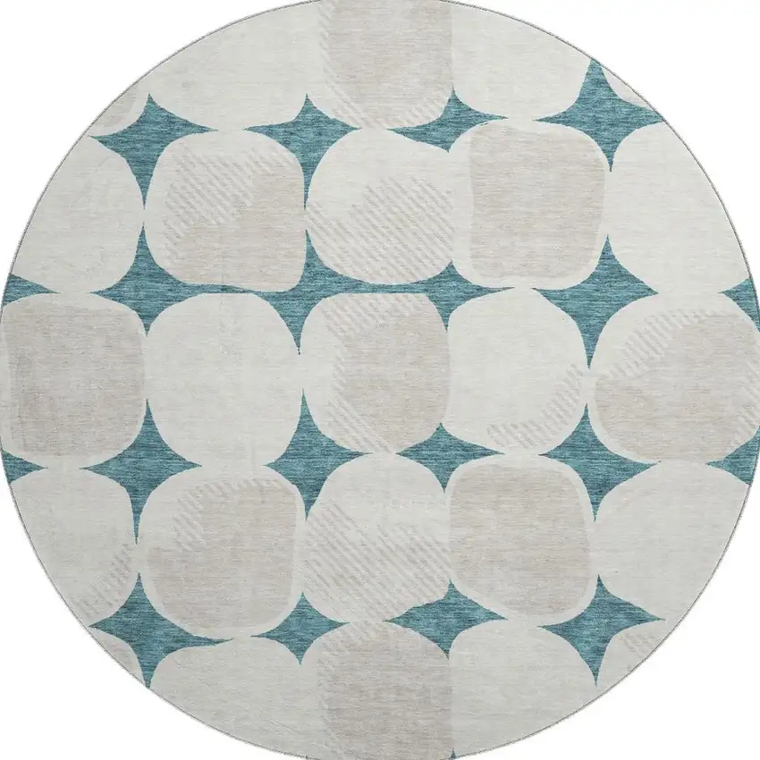 8' Teal And Ivory Abstract Geometric Washable Round Rug With UV Protection Photo 4