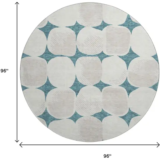 8' Teal And Ivory Abstract Geometric Washable Round Rug With UV Protection Photo 8
