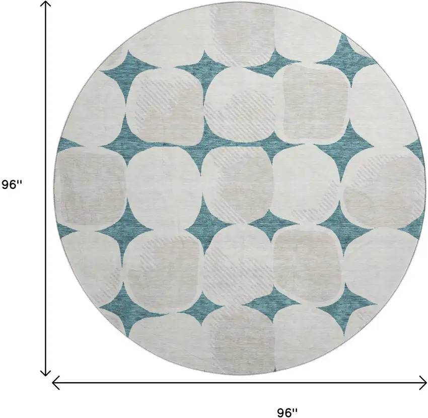 8' Teal And Ivory Abstract Geometric Washable Round Rug With UV Protection Photo 8