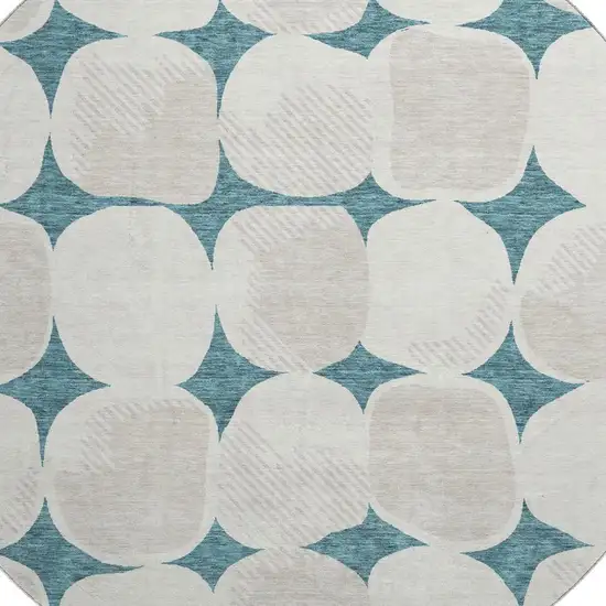 8' Teal And Ivory Abstract Geometric Washable Round Rug With UV Protection Photo 3