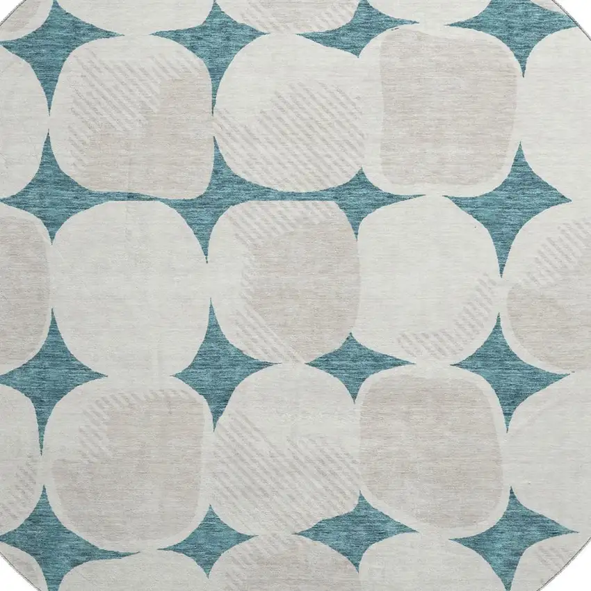 8' Teal And Ivory Abstract Geometric Washable Round Rug With UV Protection Photo 3