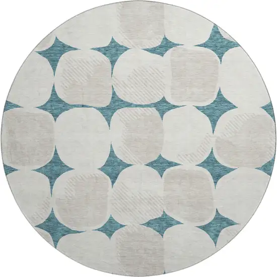 8' Teal And Ivory Abstract Geometric Washable Round Rug With UV Protection Photo 1