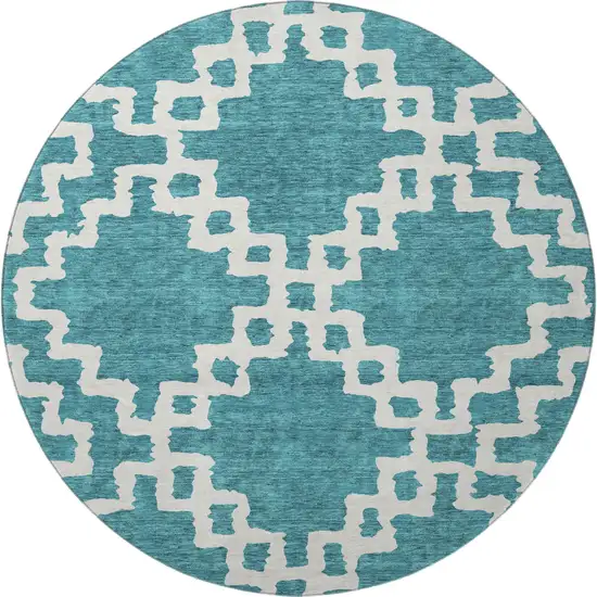 8' Teal And Ivory Abstract Geometric Washable Round Rug With UV Protection Photo 4