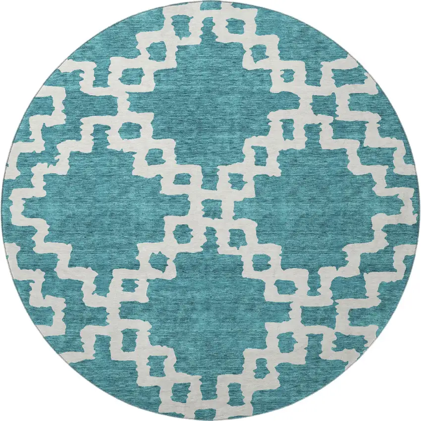 8' Teal And Ivory Abstract Geometric Washable Round Rug With UV Protection Photo 4