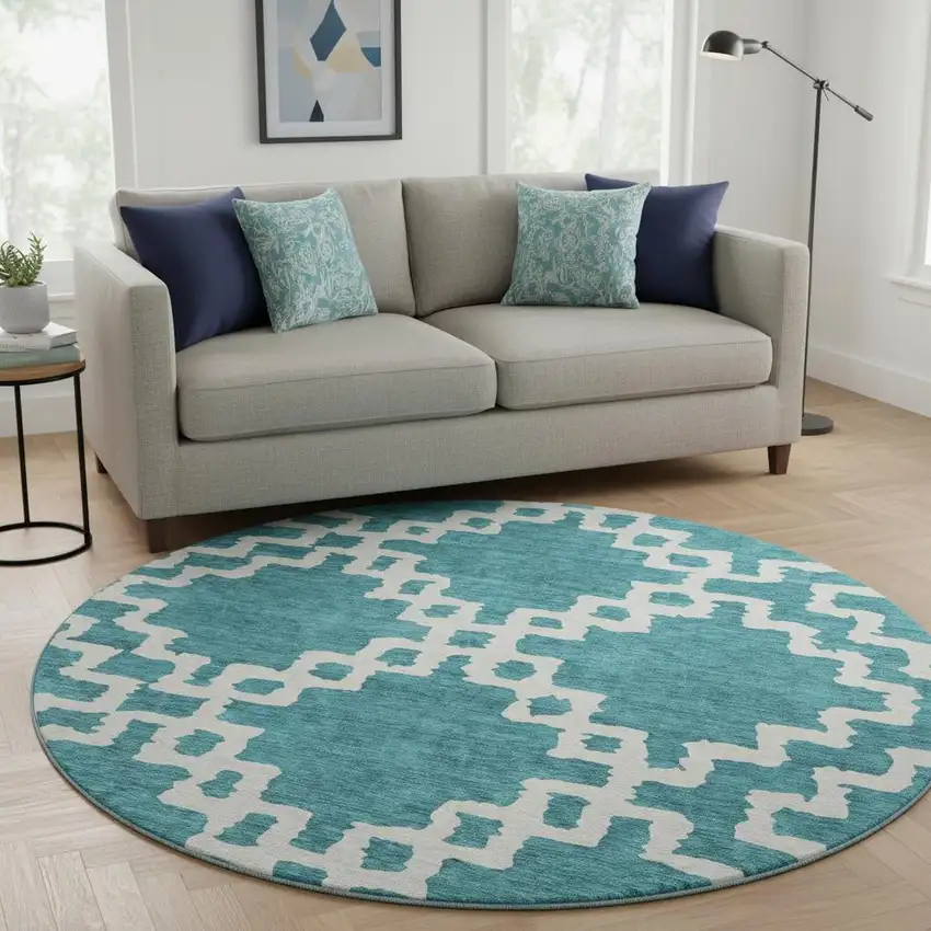 8' Teal And Ivory Abstract Geometric Washable Round Rug With UV Protection Photo 2