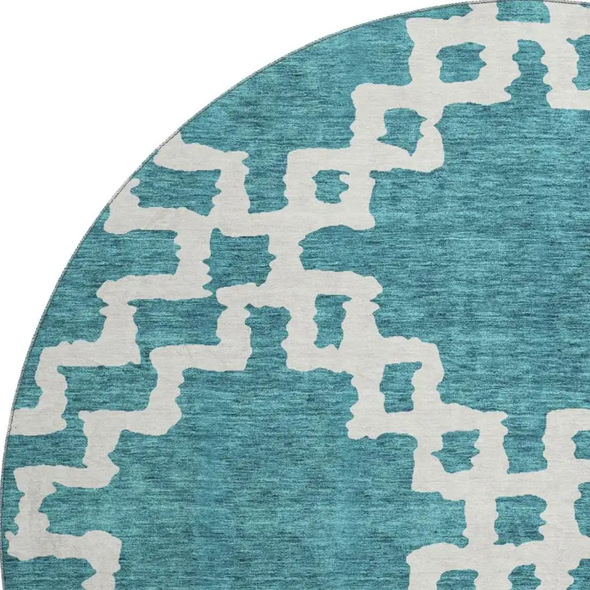 8' Teal And Ivory Abstract Geometric Washable Round Rug With UV Protection Photo 3