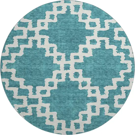 8' Teal And Ivory Abstract Geometric Washable Round Rug With UV Protection Photo 1