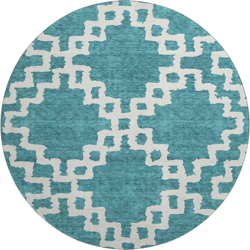 8' Teal And Ivory Abstract Geometric Washable Round Rug With UV Protection Photo 1