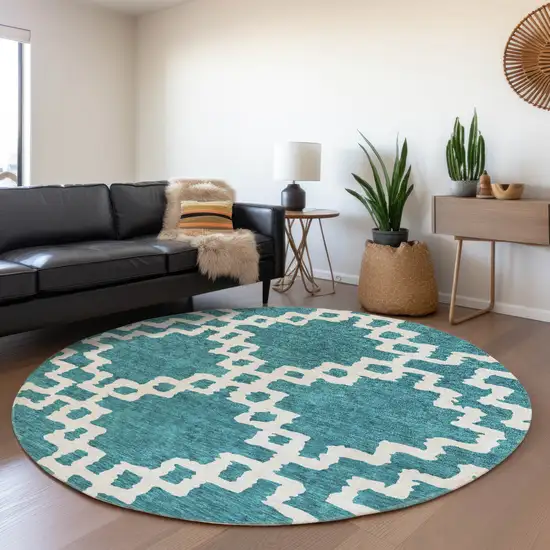 8' Teal And Ivory Abstract Geometric Washable Round Rug With UV Protection Photo 5