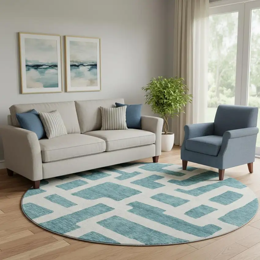 8' Teal And Ivory Abstract Geometric Washable Round Rug With UV Protection Photo 1