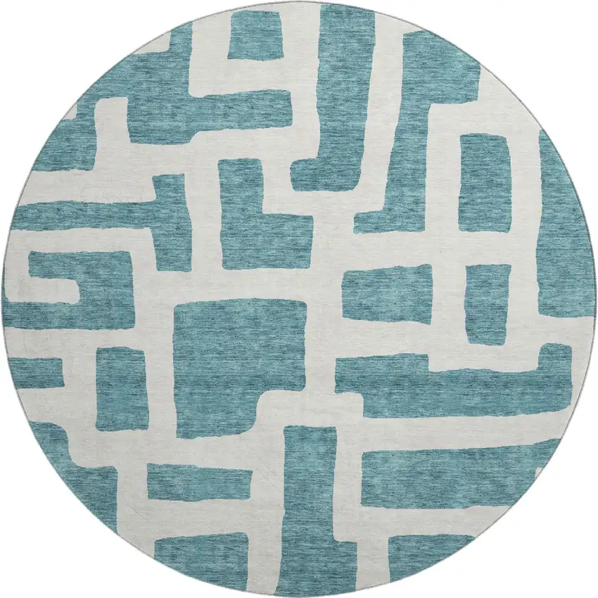 8' Teal And Ivory Abstract Geometric Washable Round Rug With UV Protection Photo 1