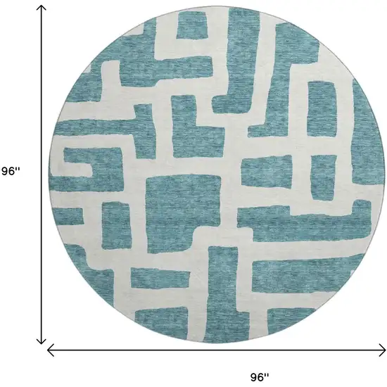 8' Teal And Ivory Abstract Geometric Washable Round Rug With UV Protection Photo 3