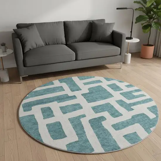 8' Teal And Ivory Abstract Geometric Washable Round Rug With UV Protection Photo 2