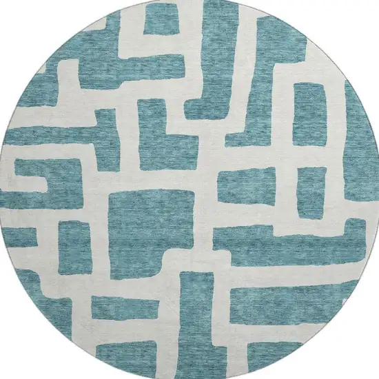 8' Teal And Ivory Abstract Geometric Washable Round Rug With UV Protection Photo 3