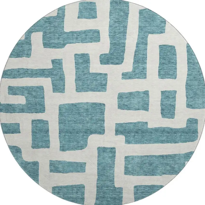8' Teal And Ivory Abstract Geometric Washable Round Rug With UV Protection Photo 3