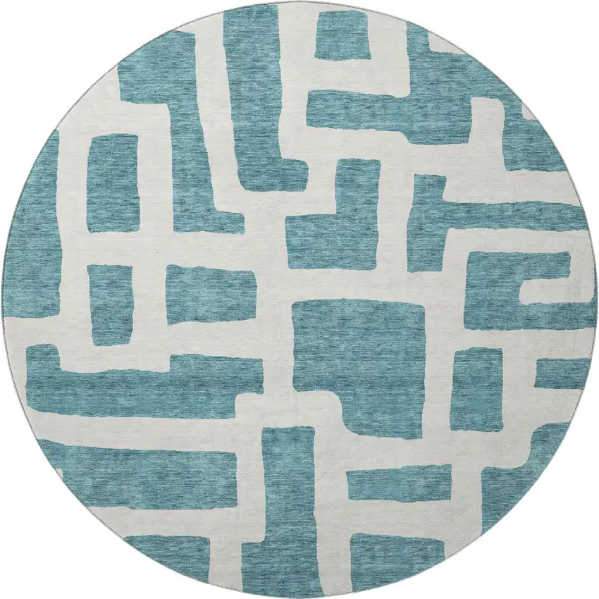 8' Teal And Ivory Abstract Geometric Washable Round Rug With UV Protection Photo 4