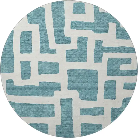 8' Teal And Ivory Abstract Geometric Washable Round Rug With UV Protection Photo 4