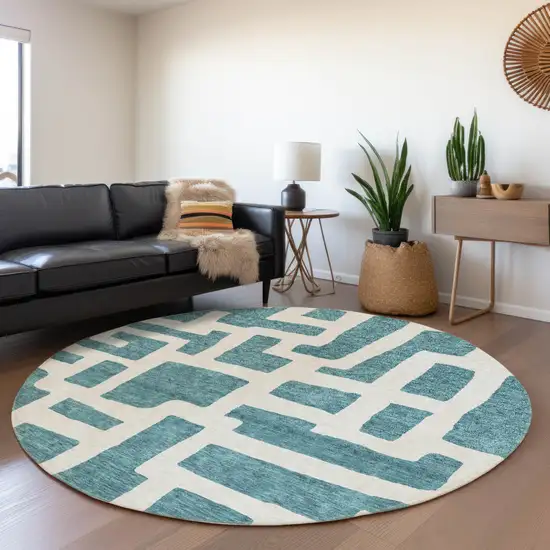 8' Teal And Ivory Abstract Geometric Washable Round Rug With UV Protection Photo 5