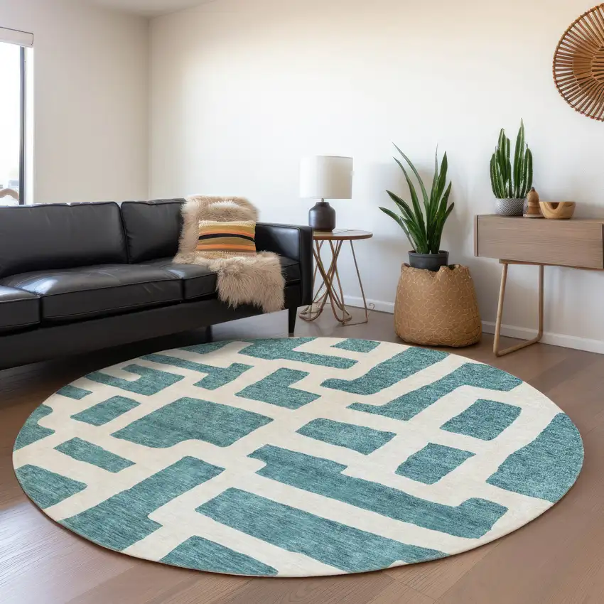 8' Teal And Ivory Abstract Geometric Washable Round Rug With UV Protection Photo 5