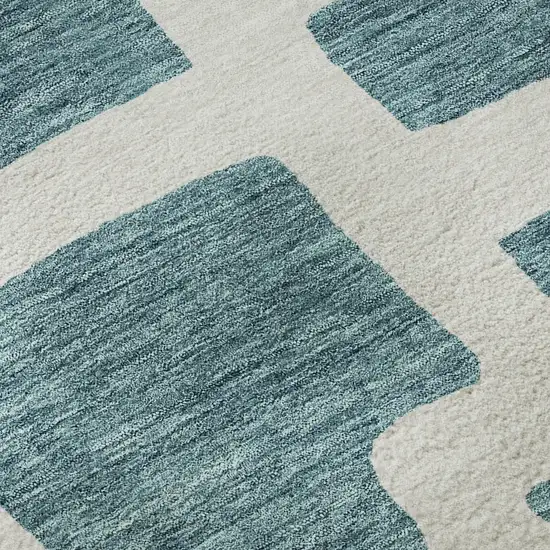 8' Teal And Ivory Abstract Geometric Washable Round Rug With UV Protection Photo 9