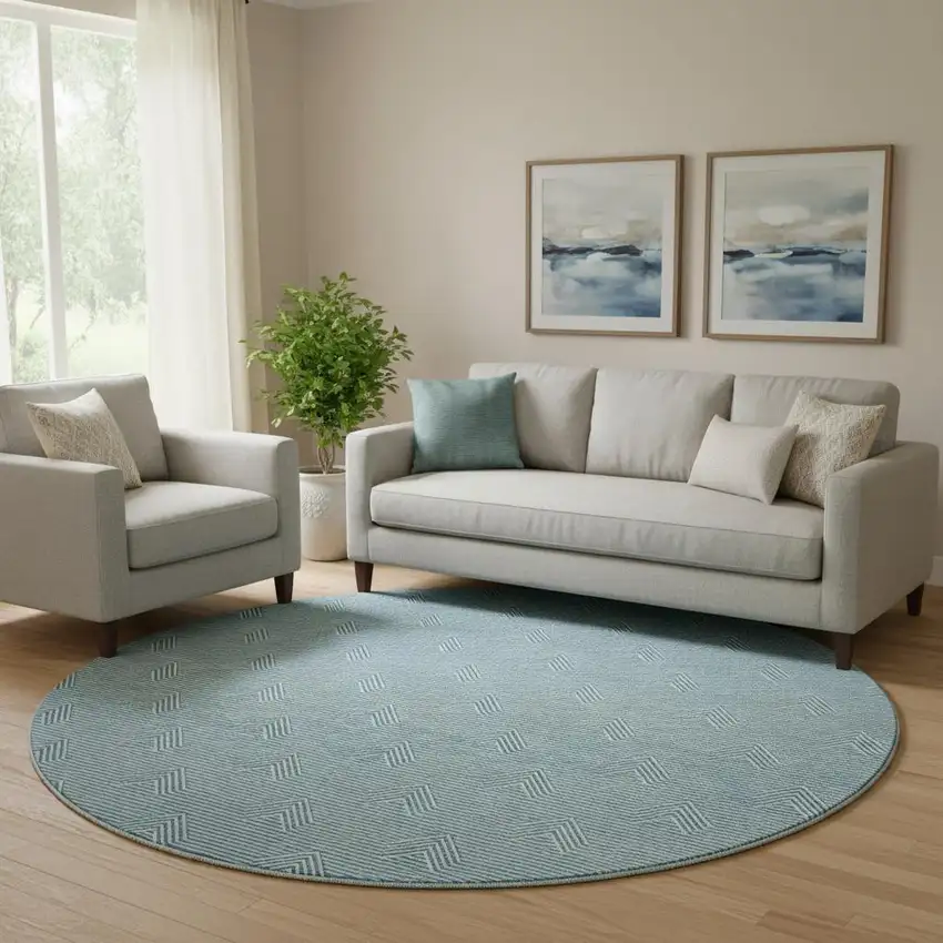 8' Teal And Ivory Abstract Geometric Washable Round Rug With UV Protection Photo 1