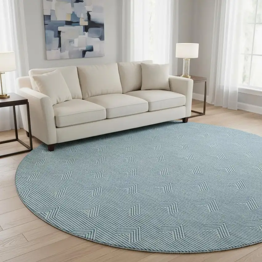 8' Teal And Ivory Abstract Geometric Washable Round Rug With UV Protection Photo 2