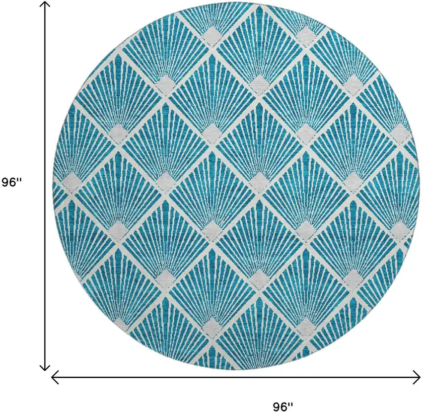 8' Teal And Ivory Abstract Geometric Washable Round Rug With UV Protection Photo 3