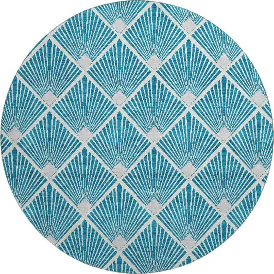 8' Teal And Ivory Abstract Geometric Washable Round Rug With UV Protection Photo 1