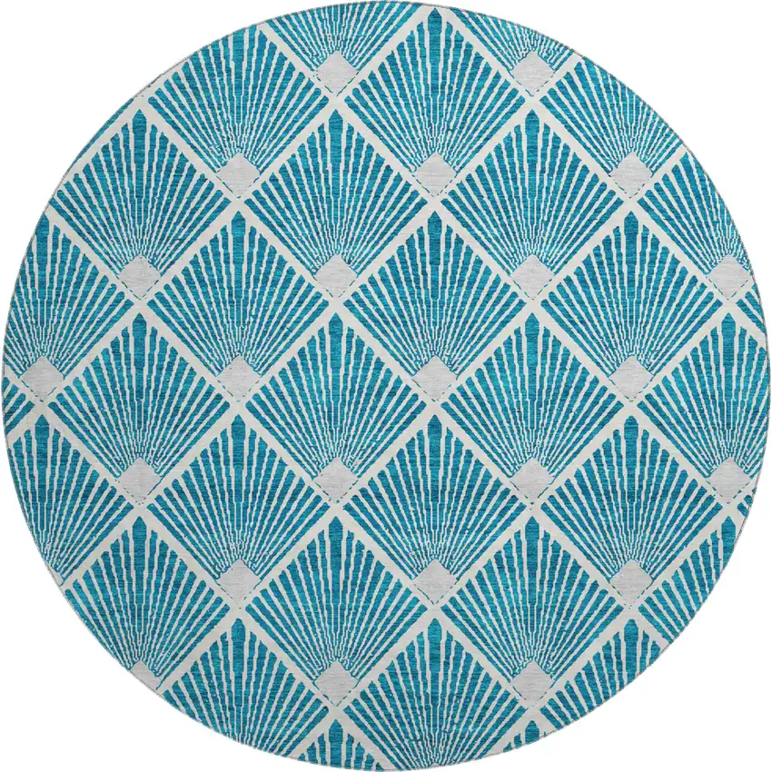 8' Teal And Ivory Abstract Geometric Washable Round Rug With UV Protection Photo 1