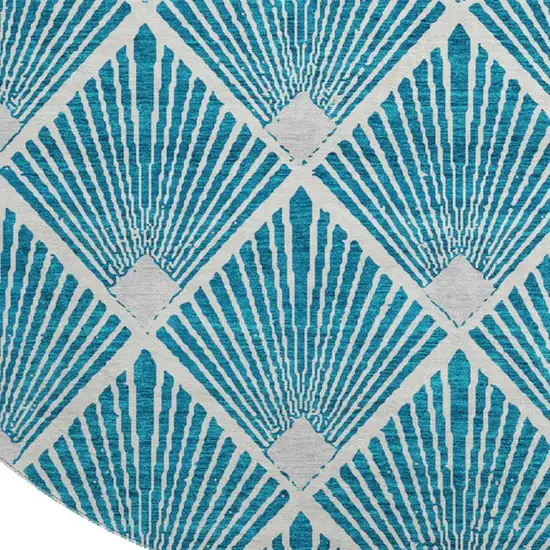8' Teal And Ivory Abstract Geometric Washable Round Rug With UV Protection Photo 3