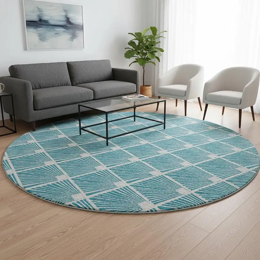 8' Teal And Ivory Abstract Geometric Washable Round Rug With UV Protection Photo 2