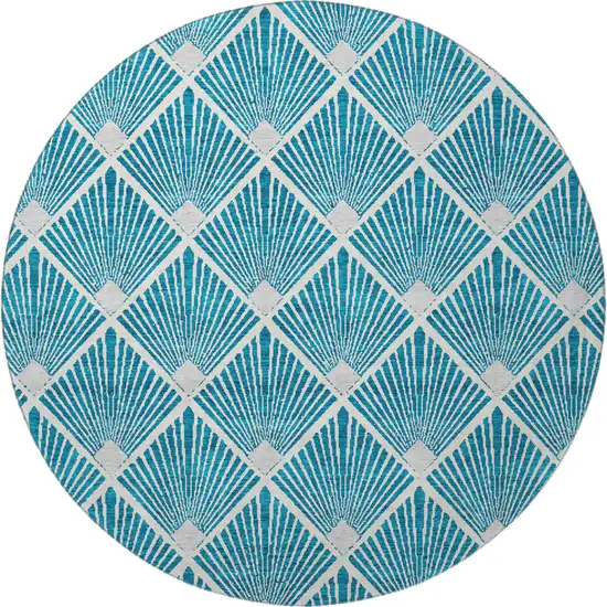 8' Teal And Ivory Abstract Geometric Washable Round Rug With UV Protection Photo 4