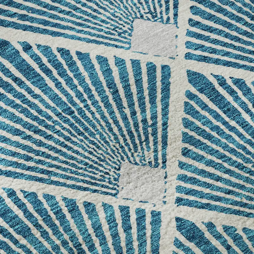 8' Teal And Ivory Abstract Geometric Washable Round Rug With UV Protection Photo 9