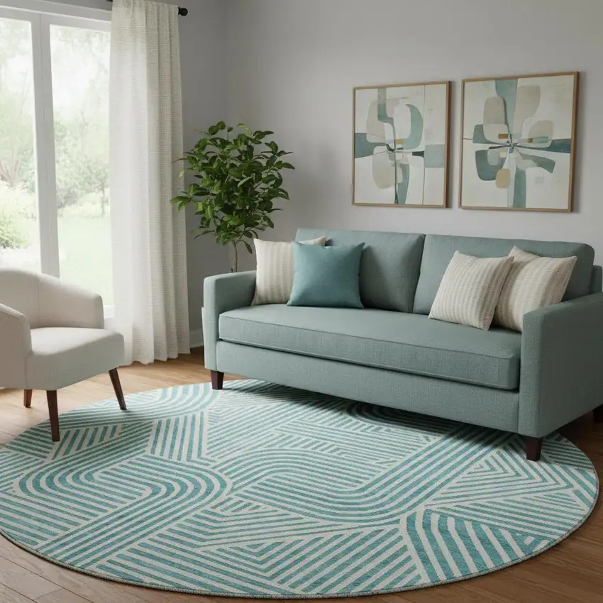 8' Teal And Ivory Abstract Geometric Washable Round Rug With UV Protection Photo 1