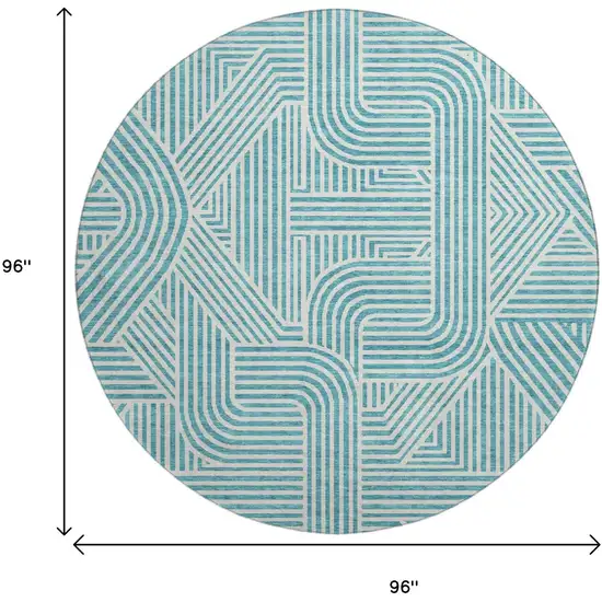 8' Teal And Ivory Abstract Geometric Washable Round Rug With UV Protection Photo 9