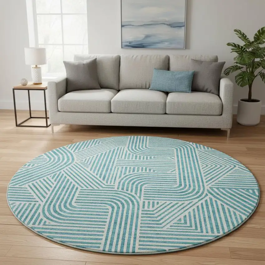 8' Teal And Ivory Abstract Geometric Washable Round Rug With UV Protection Photo 2