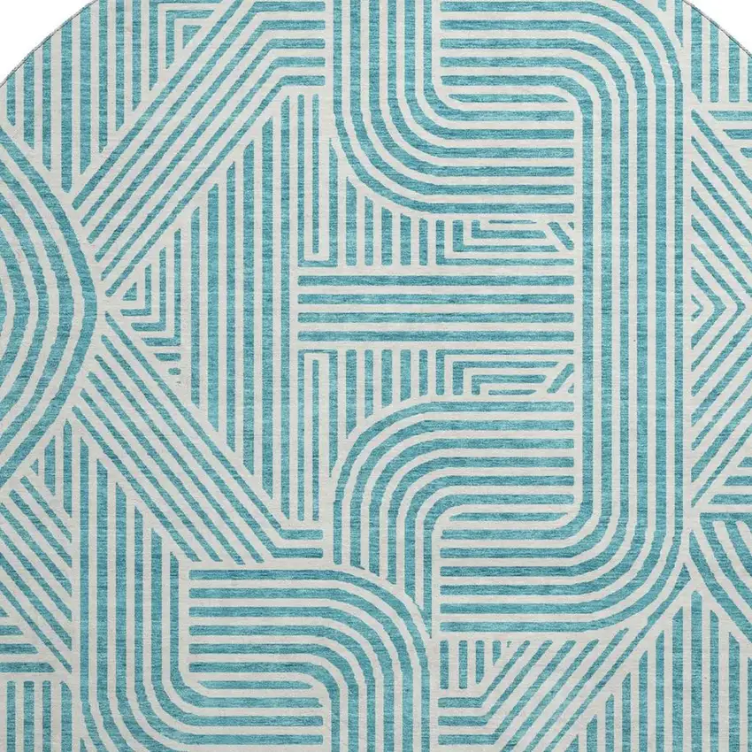 8' Teal And Ivory Abstract Geometric Washable Round Rug With UV Protection Photo 2