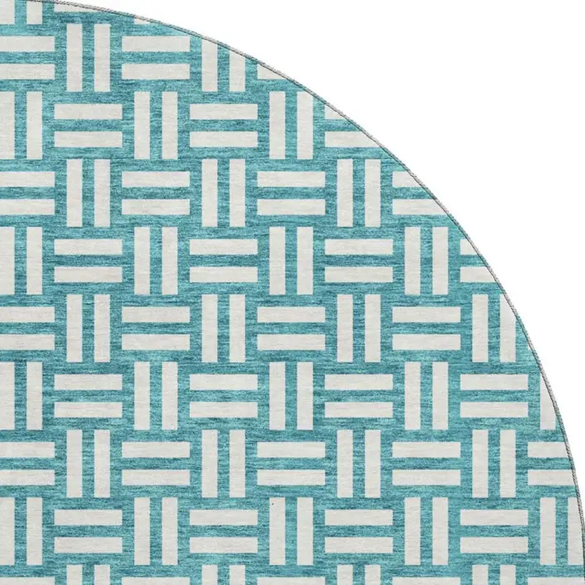 8' Teal And Ivory Abstract Geometric Washable Round Rug With UV Protection Photo 3